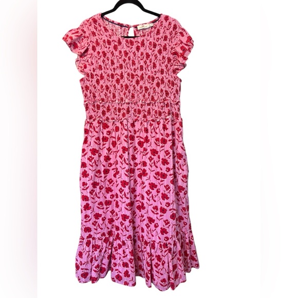 VINEYARD VINES Rock Rose Smocked Waist Midi Dress Pink Red Size XL Perfect! - Picture 2 of 7